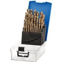Draper Expert 25 piece cobalt drill bit set in clear case with blue lid, featuring gold-toned bits in various sizes.