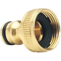 Brass Draper Expert ¾" BSP garden hose tap connector with ribbed grip and black rubber seal.