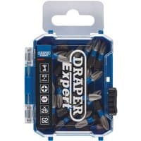Draper Expert Cross Slot/PH2 screwdriver bits, 25mm, pack of 25, in a blue plastic case with a clear front.