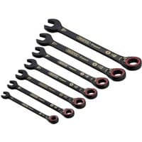 Black Draper Expert 7-piece ratchet spanner set with red accents, featuring HI-TORQ® reversible metric design.