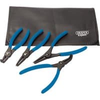 Draper Expert Circlip Pliers Set, four pieces with blue handles, black metal tips, and a black storage pouch.