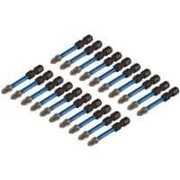 Draper Expert PZ2 screwdriver bits, 50mm, blue and silver, pack of 20 arranged in rows.