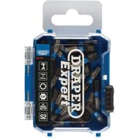 Draper Expert TX-STAR T20 impact screwdriver bits, 25mm, pack of 25 in a blue and clear plastic case with branding.
