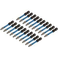 Draper Expert T20 impact screwdriver bits, 50mm, blue and silver, pack of 20 arranged in rows.