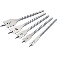 "Draper 5-piece flat wood bit set with silver steel blades, marked sizes 10 to 32mm, sharp points and hex shanks"