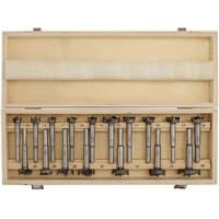 Draper Forstner Drill Bit Set with 17 silver bits in a wooden box with labeled slots and metal clasps.