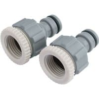 Gray plastic tap connectors with ribbed white rings, suitable for 1/2" and 3/4" BSP fittings, pack of two.