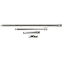 Draper 4-piece wobble extension bar set, silver metal, varying lengths, 1/2" drive, sleek cylindrical design.