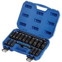 Draper 19-piece deep impact socket set in blue case, includes black 8-24mm sockets and extension bars.