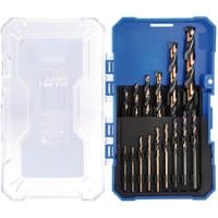 Blue and clear case with 15 titanium-coated drill bits in various sizes, organized in black slots.