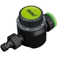 Black Draper Mechanical Water Timer with green dial and hose connector, featuring minute markings and ergonomic grip.