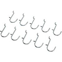 Metal J-Hooks for pegboard, silver, pack of 10, curved design with pointed ends for hanging tools.