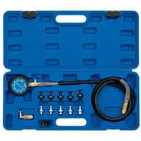 Blue Draper oil pressure test kit with gauge, hose, and assorted connectors in a molded plastic case.