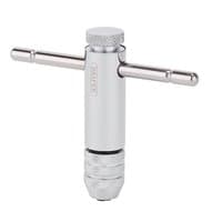 Silver Draper RTWM38 ratchet tap wrench with knurled grip, T-shaped handle, and adjustable chuck for M3-M8 taps.