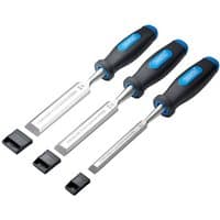 Draper chisel set with blue and black soft grip handles, three bevel edge blades, and protective caps.