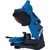 Blue and black Draper Storm Force chainsaw blade sharpener with adjustable arm and grinding wheel.