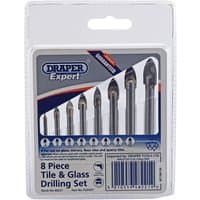 Draper Expert 8 Piece Tile and Glass Drilling Set with various sized silver drill bits in clear plastic packaging.