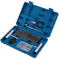 Blue Draper tyre puncture repair kit for tubeless vehicles, includes pliers, T-handles, and repair strips in a case.