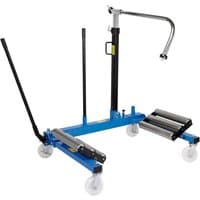 Blue Draper WRT100 Wheel Removal Trolley with black handle, adjustable arm, and four white caster wheels.