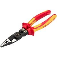 Red and yellow Draper XP1000 215mm VDE tethered 8-in-1 electricians pliers with black multi-functional jaws.