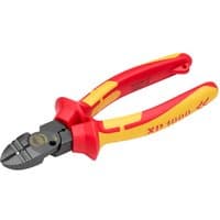 Red and yellow Draper XP1000 VDE 160mm tethered 4-in-1 combination cutter with insulated handles.