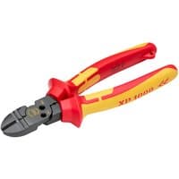 Red and yellow Draper XP1000 VDE 180mm tethered 4-in-1 combination cutter with insulated handles and black cutting head.