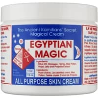 Egyptian Magic cream jar, white with red and blue label, 118ml, featuring ancient symbols and ingredient list.