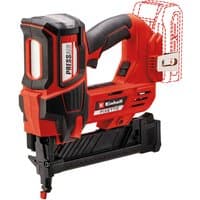 Red and black Einhell 18V cordless stapler with ergonomic handle and visible magazine.