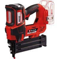 Red and black Einhell 18V cordless nailer with ergonomic grip and Power X-Change battery slot.