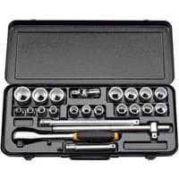 Black case with Elora 770-OKLAU 1/2" Drive Imperial Socket Set, 23 chrome sockets, ratchet, and accessories.