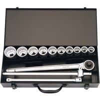 Black Elora socket set with 13 metric sockets, ratchet, and extension bars in a sturdy carrying case.