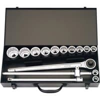Black Elora socket set with 15 silver sockets, ratchet, and extension bars in a sturdy carrying case.