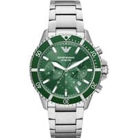Emporio Armani men's watch with green chronograph dial, silver stainless steel bracelet, and bezel.