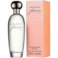 Clear glass bottle with silver rounded cap, pink box with black script, Estée Lauder Pleasures Eau De Parfum 50ml.