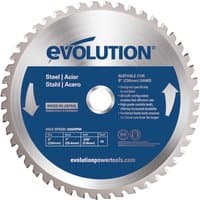 Circular saw blade with silver teeth, blue center, and Evolution logo for cutting mild steel.
