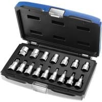 Torx socket set with 16 silver pieces in a black and blue plastic case, featuring a 1/2in drive.