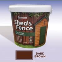 Forest Garden Fence Treatment 5ltr, dark brown container with shed and fence graphic, white lid.