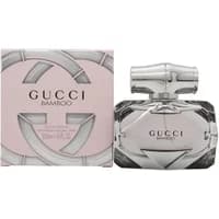 Gucci Bamboo Eau De Parfum 50ml with a faceted glass bottle and silver cap, alongside a pink and silver box.
