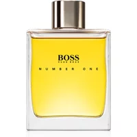Clear glass bottle of Hugo Boss Number One Eau De Toilette, 100ml, with gold cap and amber liquid.