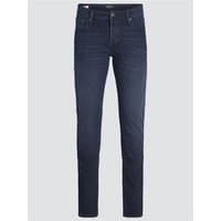 Blue denim slim fit jeans with five pockets and button fly, featuring subtle fading and stitching details.