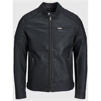 Black Jack & Jones Rocky leather jacket, size L, with quilted shoulders, zip pockets, and stand collar.