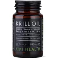 KIKI Health Krill Oil 30 Capsules in dark amber bottle with green label, 590mg, high in Omega 3, Choline, EPA/DHA.