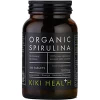 KIKI Health Organic Spirulina Tablets in a dark bottle with green and white label, 200 tablets, 500mg each.