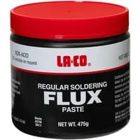 Black and red jar of La-Co Regular Flux Non Toxic 475g with white text and red lid.
