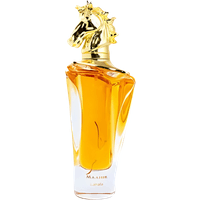 Lattafa Maahir Eau De Parfum 100ml with golden horse-shaped cap and amber liquid in a clear, sculpted bottle.