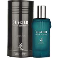 Blue Maison Alhambra Glacier Pour Homme Eau De Parfum bottle with silver cap, next to black cylindrical box.