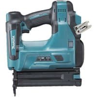 Makita LXT 18V Brad Nailer in teal and black, ergonomic handle, compact design, visible nail magazine.