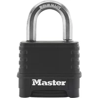 Black Master Lock Excell 57mm laminated combination padlock with silver shackle and bold Master logo.