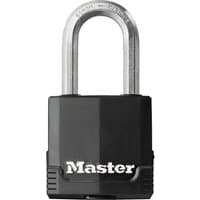Black Masterlock padlock with rust protection cover and silver shackle, pack of 4.