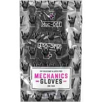 Black Muc-Off mechanics gloves in packaging with logo and rock hand symbols, size small.
